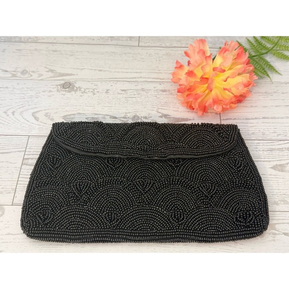 Hato Hasi Black Beaded Vintage Japan Satin Lined Clutch Evening Formal Purse EUC